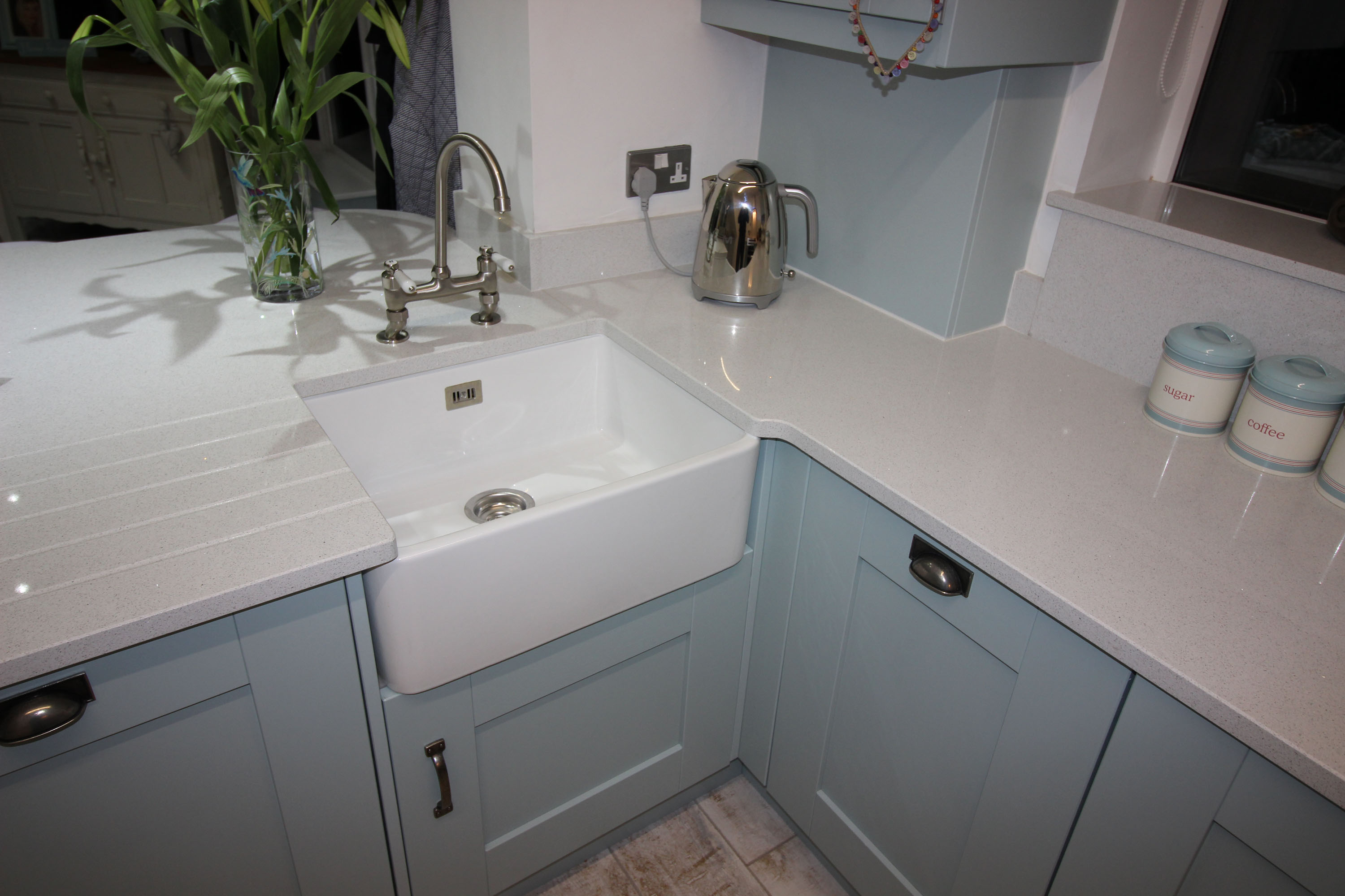 Windsor Shaker Kitchen in Painted Powder Blue Featuring a Belfast Sink